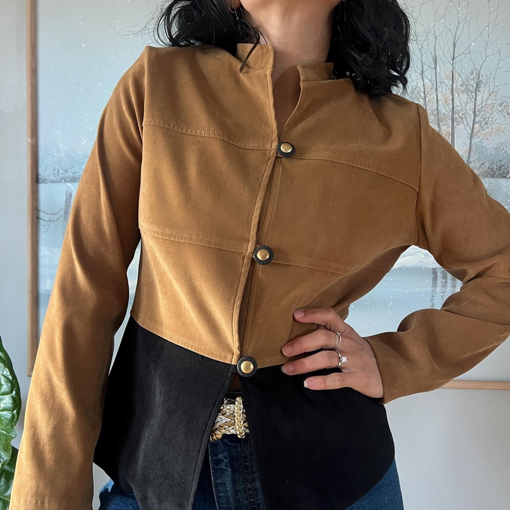 Vintage Brown Black Jacket Minimalist Colorblock Cropped Blazer 90s Petite 10P